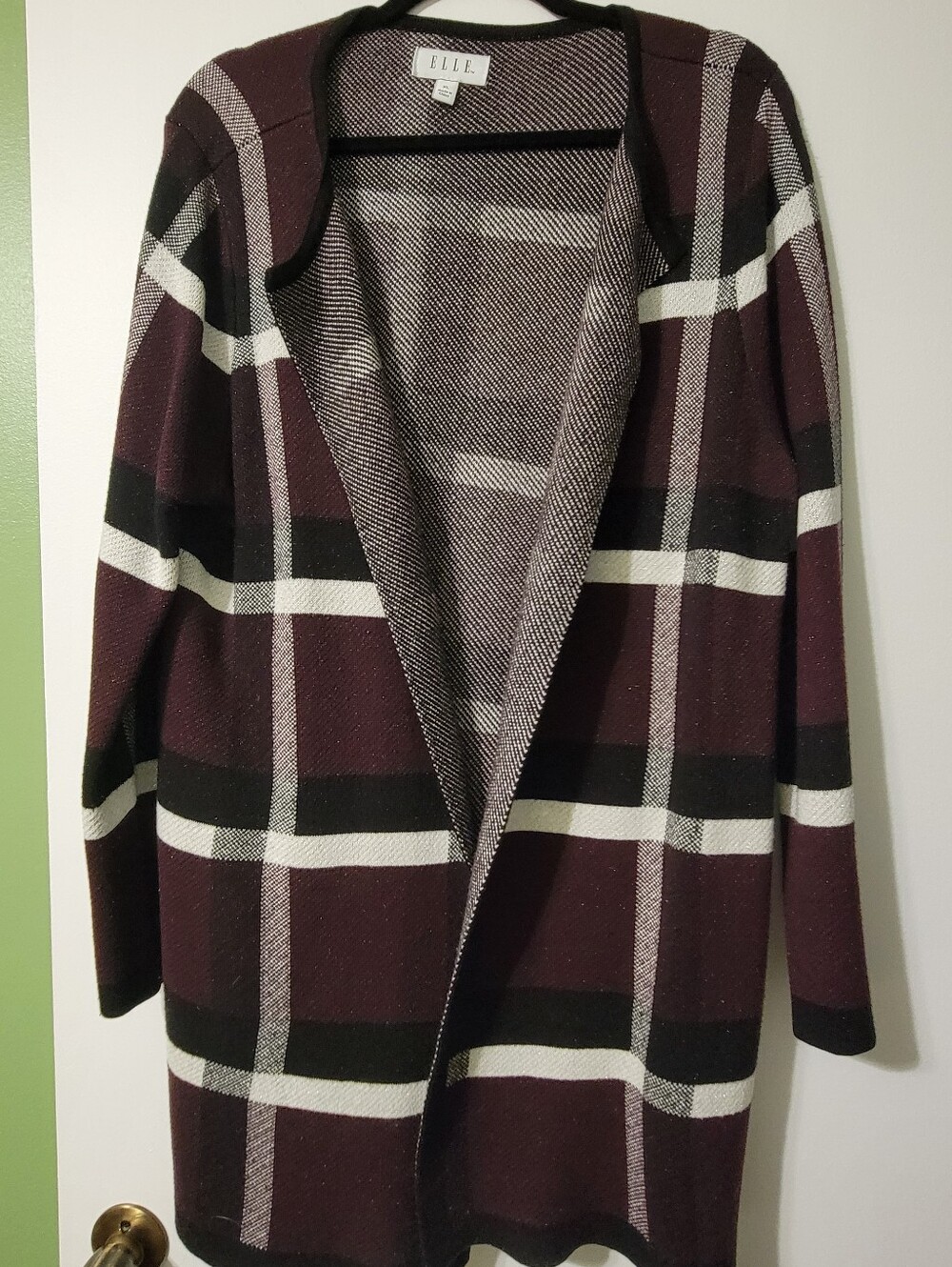 ELLE Knee-Length Blazer in purple. white and black plaid